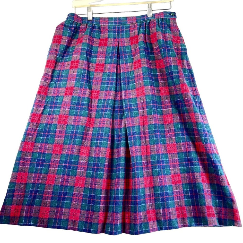 Vintage PENDLETON Women 10* Blue Red Plaid Front Pleated Wool Midi Skirt Pockets